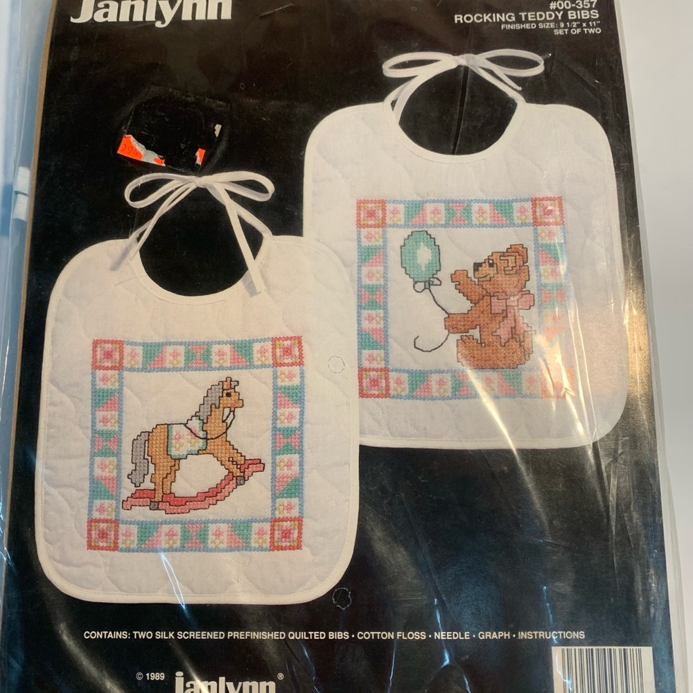Vintage Janlynn Rocking Teddy Bibs Printed Cross Stitch Kit #00-357 Sealed New